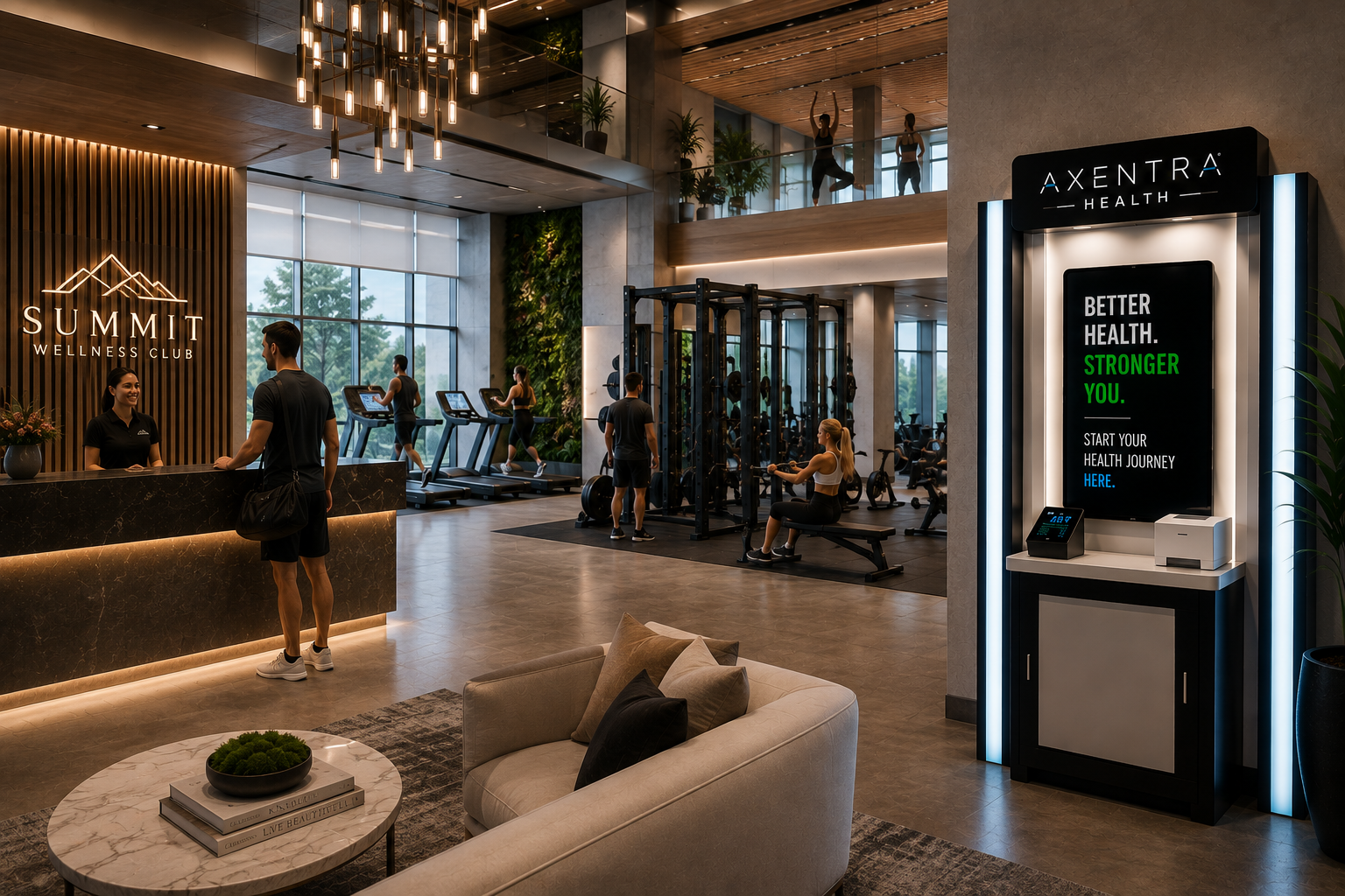 Modern fitness club lobby with an Axentra Health wellness kiosk