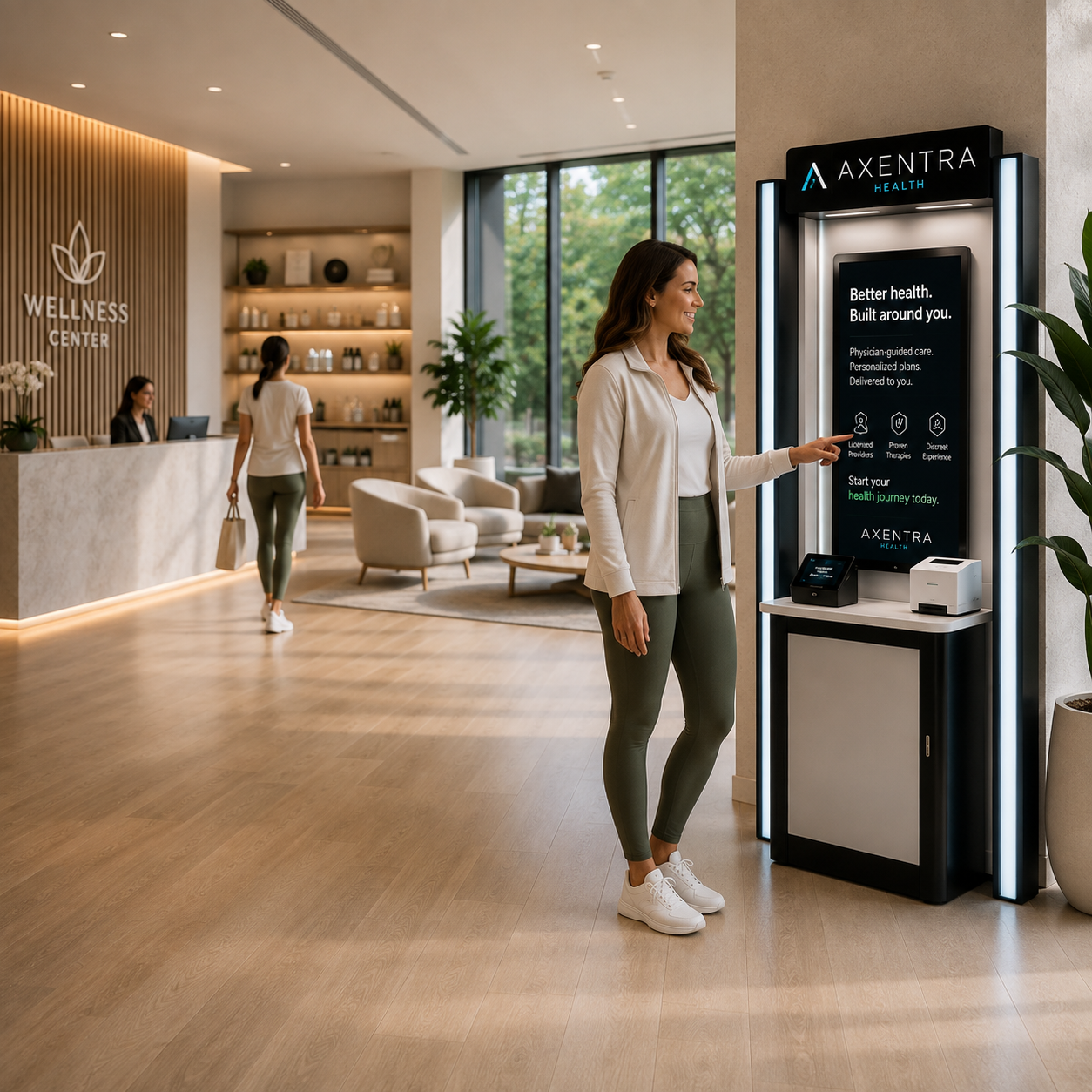 A professional using an Axentra Health wellness kiosk in a bright corporate lobby